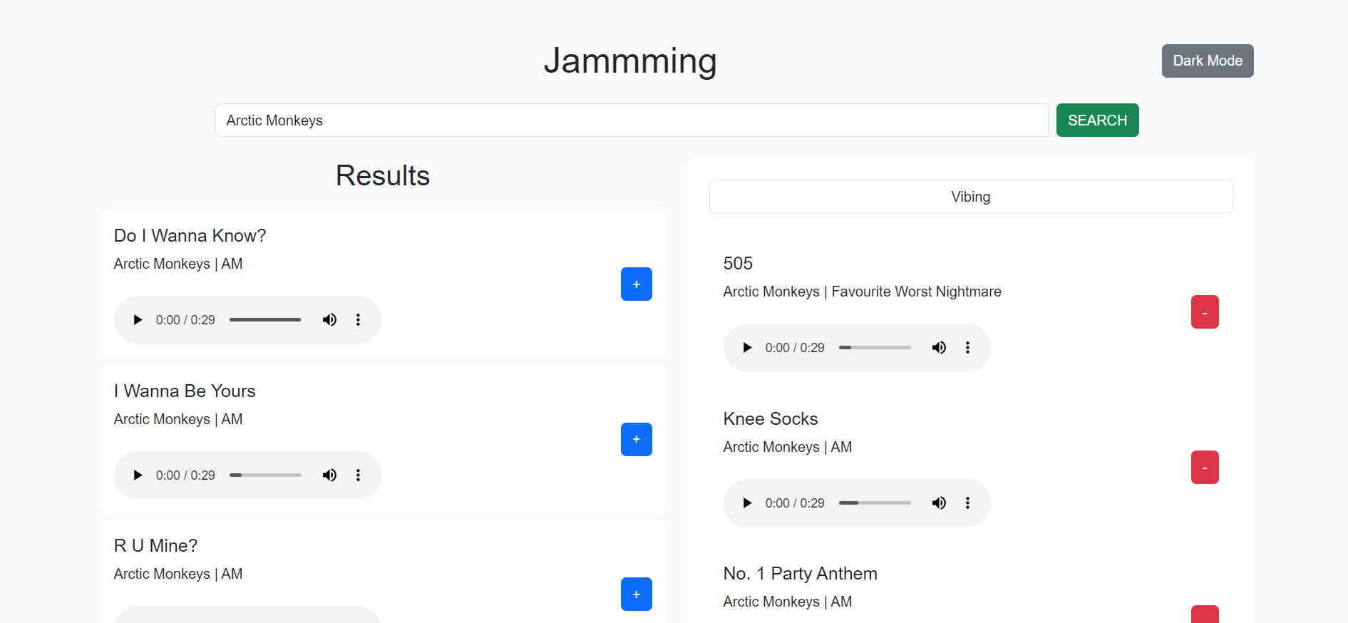 Sreenshot of Jammming, a Spotify playlist creation app