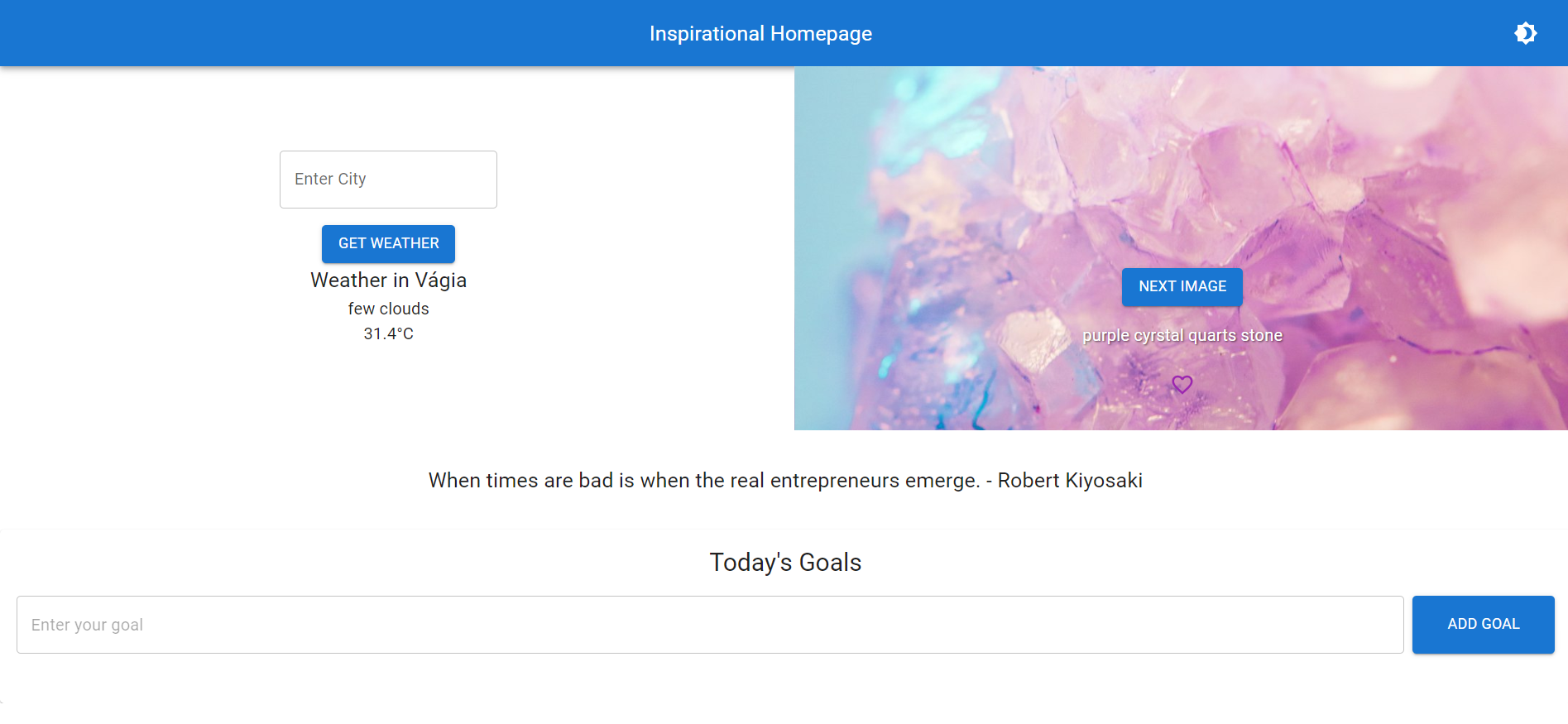 Sreenshot of Inspirational Homepage, a goals management app
